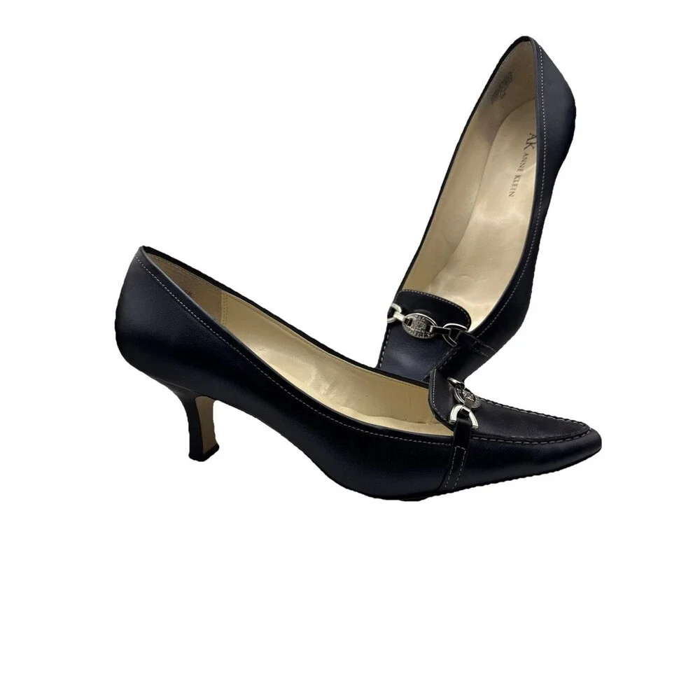 Anne Klein Spencer Kitten Heels Black Leather Gold Chain Pointed Toe Vintage? 9M - Picture 2 of 10